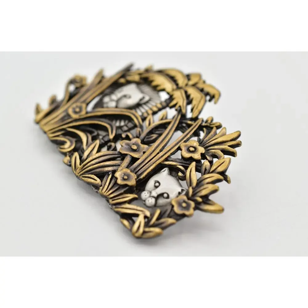 JJ Vintage Jungle Lion Pin Brooch Chunky Pewter Brass Chunky Rare Signed 80s 9B